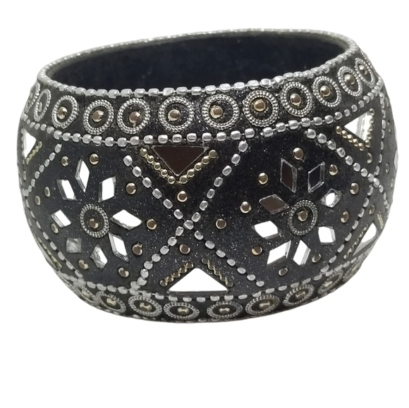 VINTAGE ORNATE INDIA BOHO MIRROR MOSAIC INLAY DOME BRACELET - Picture 2 of 5